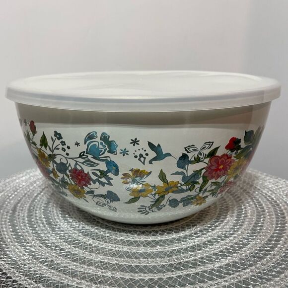 Pioneer Woman Enamel on Steel Mixing Bowl with Lid 4 Qt Sweet Rose NWT - Picture 1 of 10